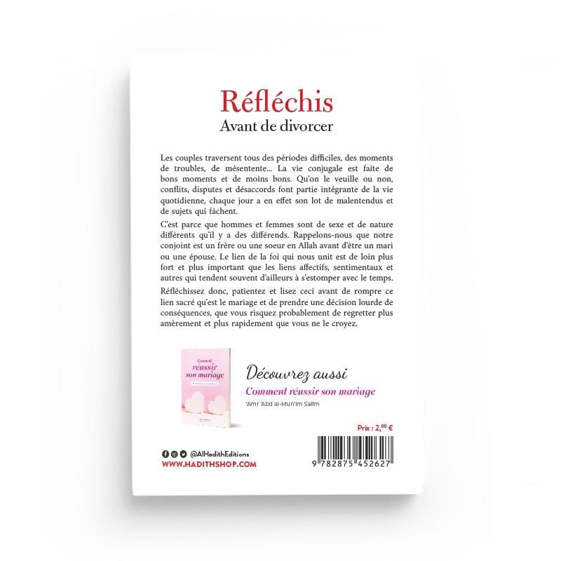Réfléchis avant de Divorcer - Al-Hadîth Livre Islam Femme 9782875452627 Librairie Musulmane Al-imen