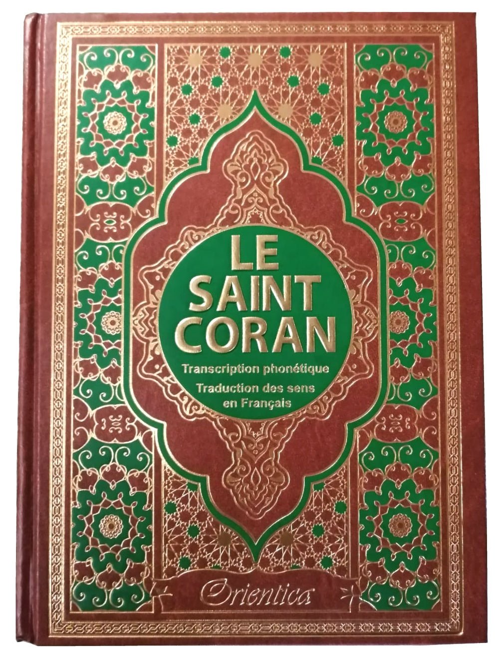 Le Saint Coran en langue arabe + Transcription (phonétique) et Traduction des sens en français - Edition de luxe (Couverture en cuir dorée) - Très grand format Al - imen